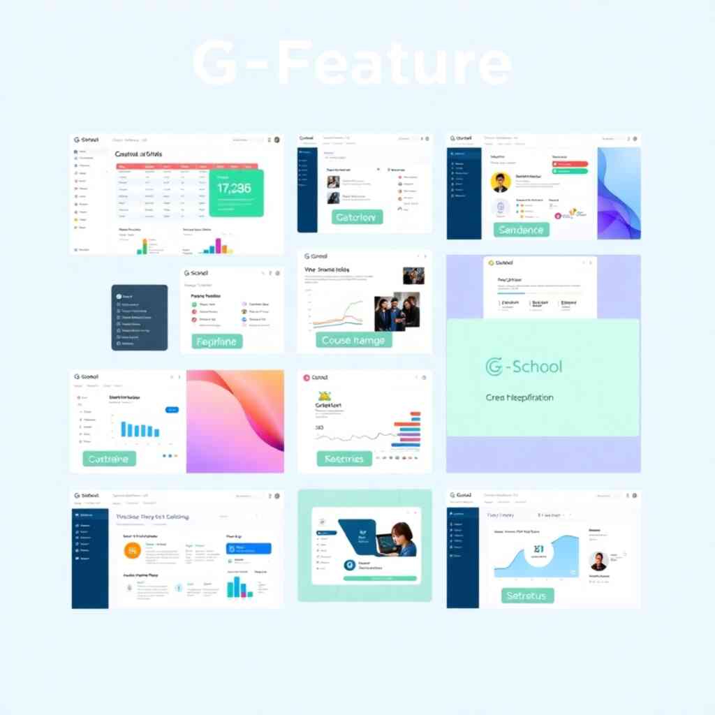 A 4K resolution collage highlighting key features of the G-School platform.  Each image should be a screen capture or mock-up demonstrating a key feature (e.g., course scheduling, student progress tracking, report generation, etc.).  The style should be clean and consistent, with high-quality visuals and clear labels for each feature.  The lighting and color scheme should be unified and visually appealing.  Each image should have a similar aesthetic.
