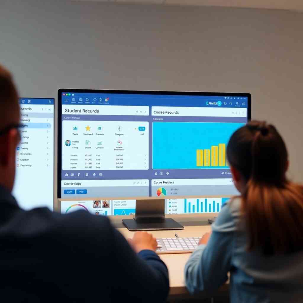 A 4K resolution screen recording, showing smooth transitions and intuitive navigation between different sections of the G-School platform. Focus on features such as easy access to student records, course management tools, and reporting dashboards. The style should emphasize clarity, simplicity, and user-friendliness. The lighting and color grading should ensure optimal screen readability.  The quality of the screen recording should be very high, demonstrating the smoothness and responsiveness of the platform.
