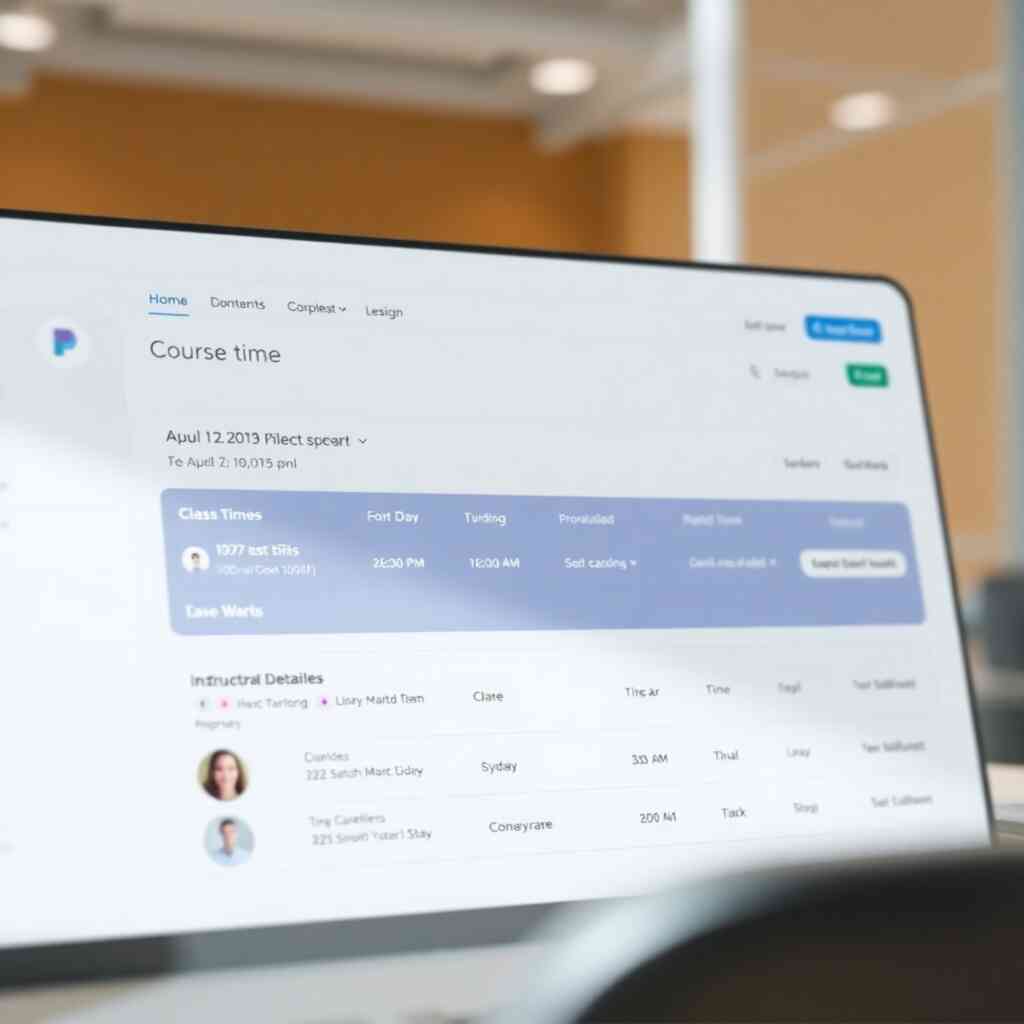 A photorealistic 4k image showing a clean interface, clearly displaying course details such as class times, student enrollment, and instructor information. The design should focus on clarity and ease of navigation.  The style should be professional and user-friendly, similar to popular project management software interfaces. The lighting should be clear and well-distributed to ensure optimal readability.