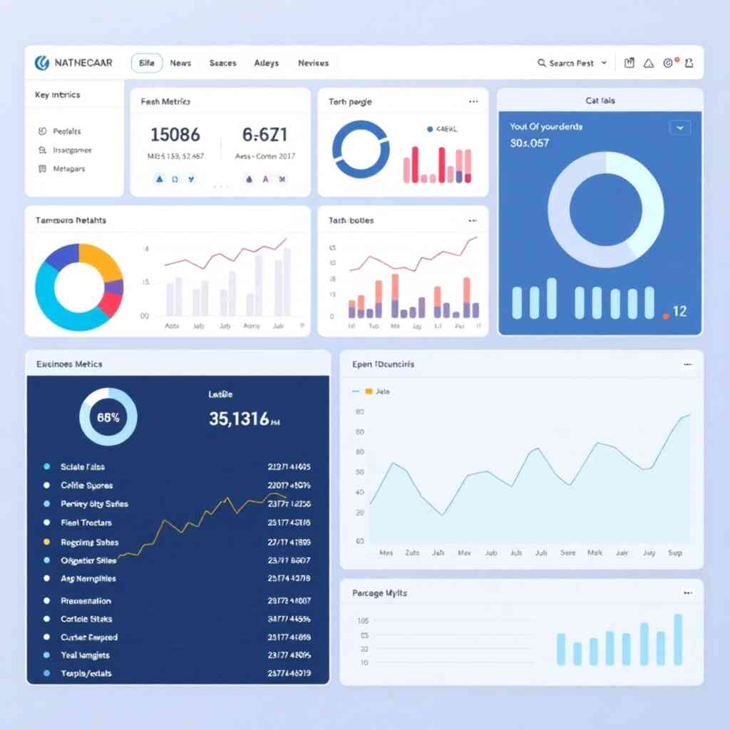 A photorealistic image of a clean, modern dashboard showcasing key metrics and data from various business functions. The dashboard is intuitive and easy to navigate, with a clear and consistent design.  The overall style should be professional and sophisticated.