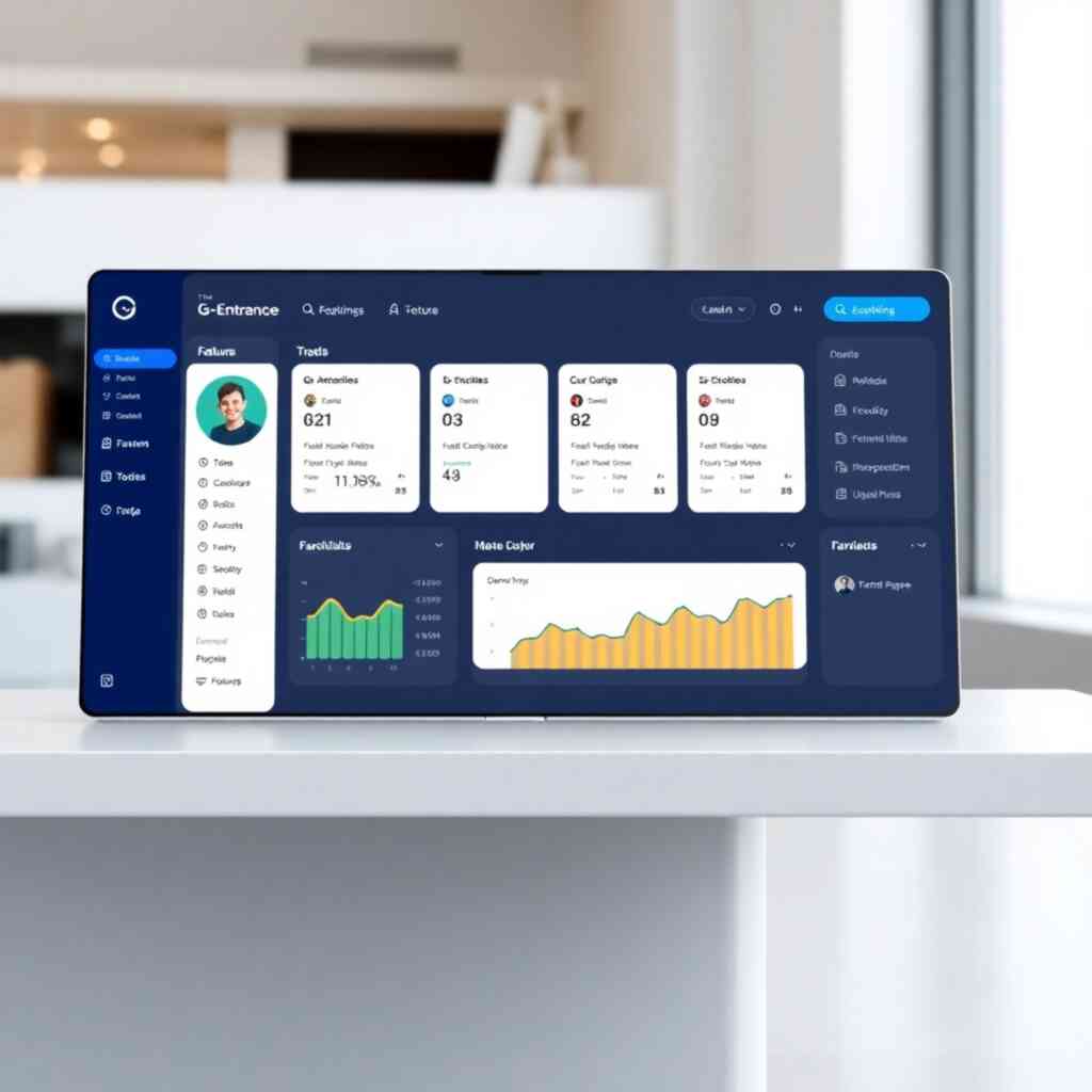 A photorealistic image of a clean, intuitive dashboard representing the G-Entrance platform, displaying key features in a user-friendly manner. The visuals must communicate ease of access to information and efficient workflow management.