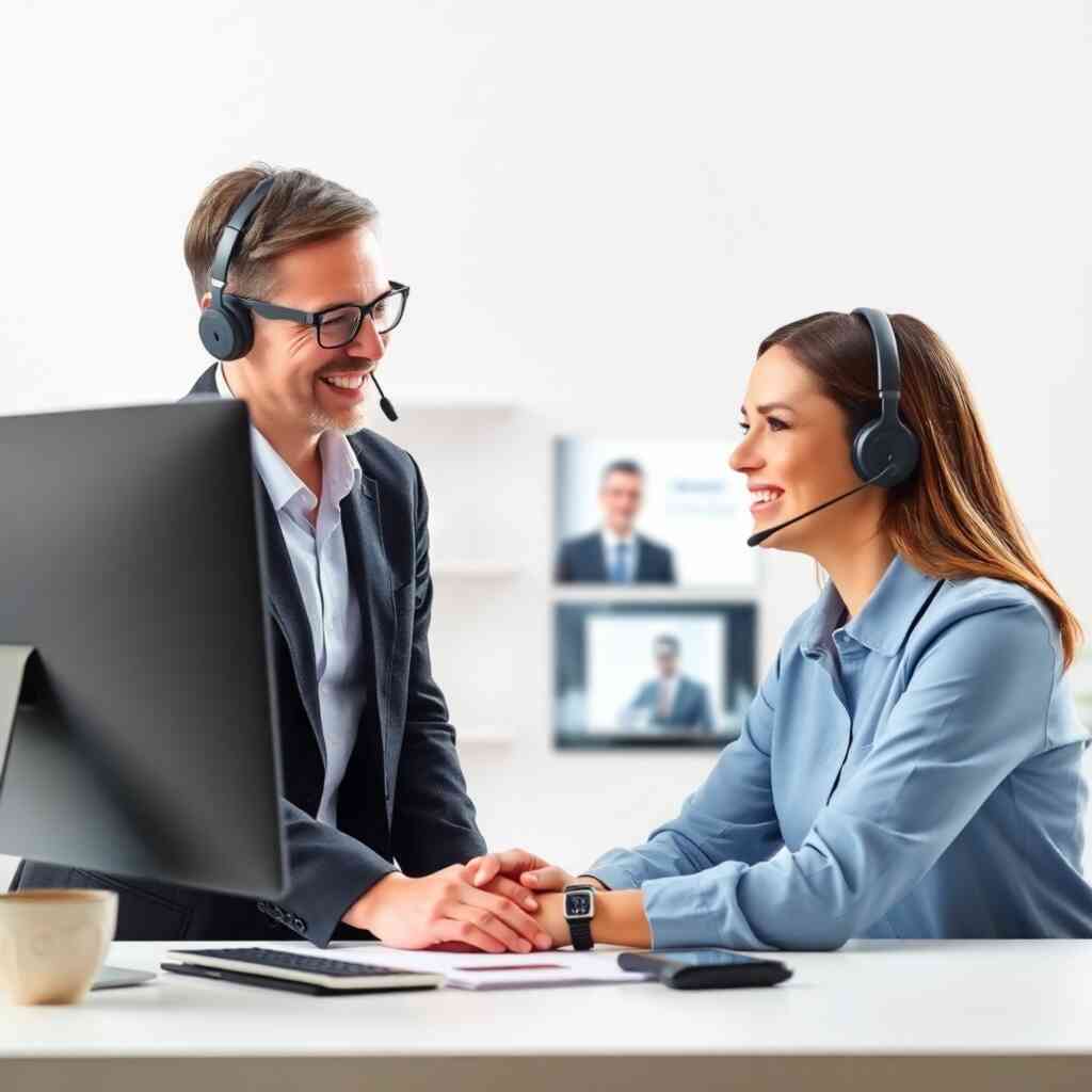 A photorealistic image of a friendly customer support representative assisting a client via video call. The image should depict a positive and supportive interaction, creating a sense of trust and reliability. The overall style should be modern and professional, and the image should be clean, bright, and well-lit. The image should evoke a feeling of trust and professionalism. The background should be neutral, focusing the viewer's attention on the customer interaction.