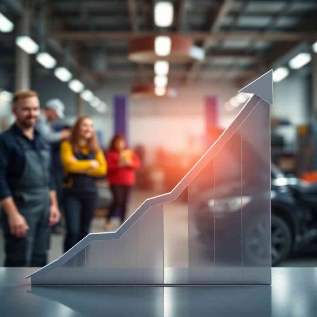 A photorealistic image of a graph showing positive growth, symbolizing an increase in profitability. In the background, blurred images of happy customers and efficient repair shop operations should be visible, linking profit growth to efficient management.