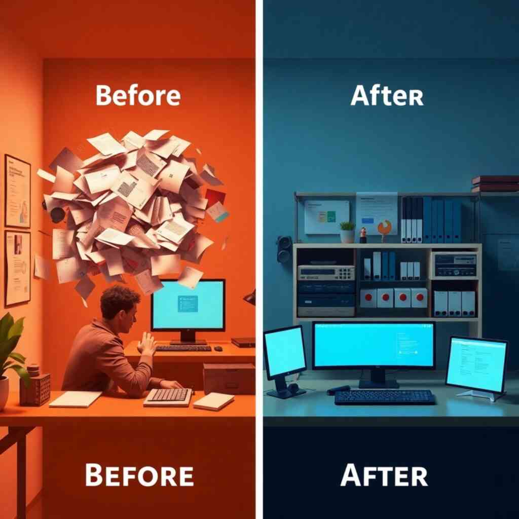 A photorealistic image of a simplified workflow process. Depict the tasks before automation and after, showcasing a significant reduction in time and effort. The before image should show confusion, while the after image should be highly organized and efficient. Use bright lighting and contrasting colors to highlight the difference.