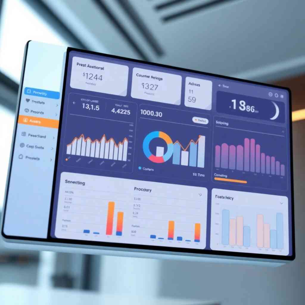 A photorealistic image of a user-friendly dashboard displaying asset information in real-time. Use a modern, clean design with a clear color palette. Use a slightly high angle to show the entire dashboard, depicting various metrics and data points.