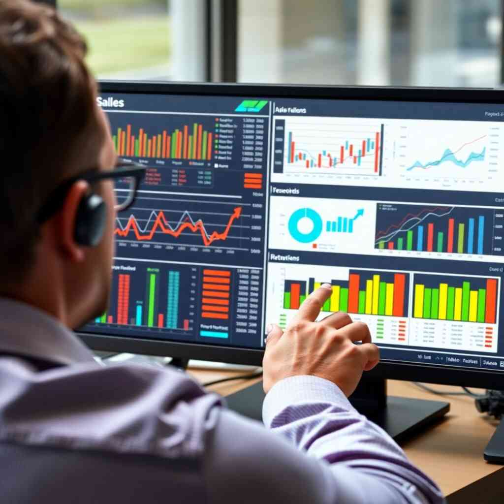 A photorealistic image of a user reviewing detailed sales reports and charts on a high-resolution screen. The image should feature sharp details, realistic textures, and a user-friendly interface. The color scheme should be professional and easily readable. The image should evoke a sense of insight and control over sales data.