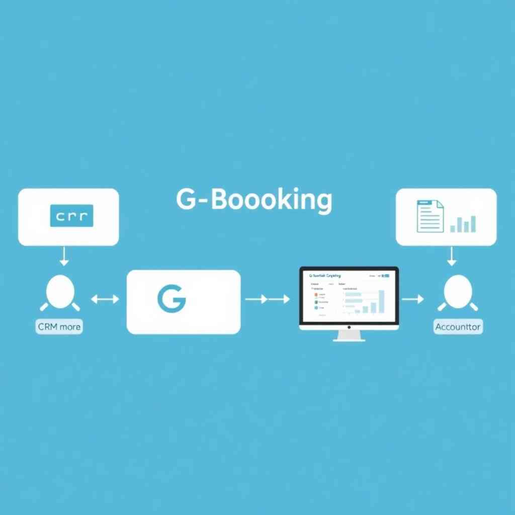 A photorealistic image showcasing the G-Booking module seamlessly integrated with other business systems, such as CRM and accounting software. The image should use a clean, minimal design, highlighting the integration points and data flows. The palette should consist of corporate colors. The lighting should be even and bright, emphasizing clarity and professionalism.