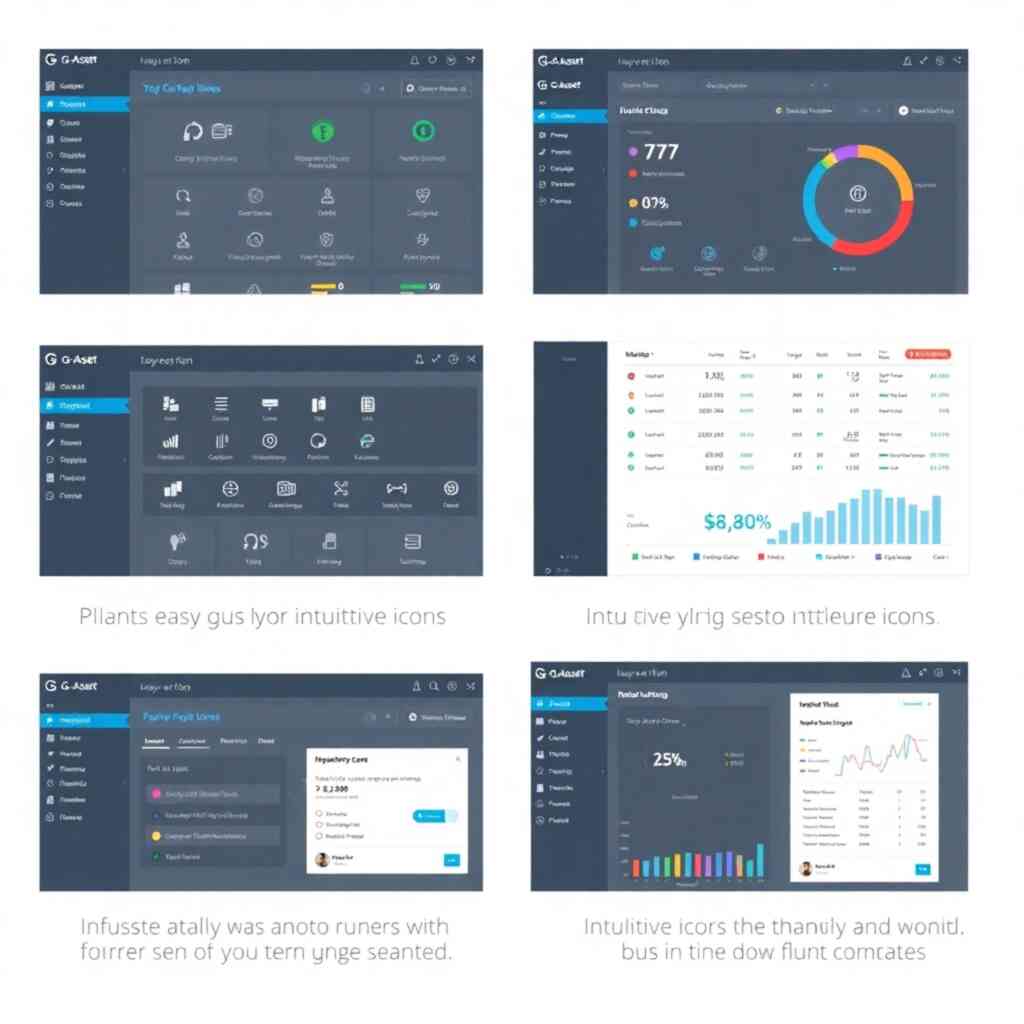 A series of screenshots showing various features of the G-Asset module. Focus on ease of navigation, intuitive icons, and clear data presentation.
