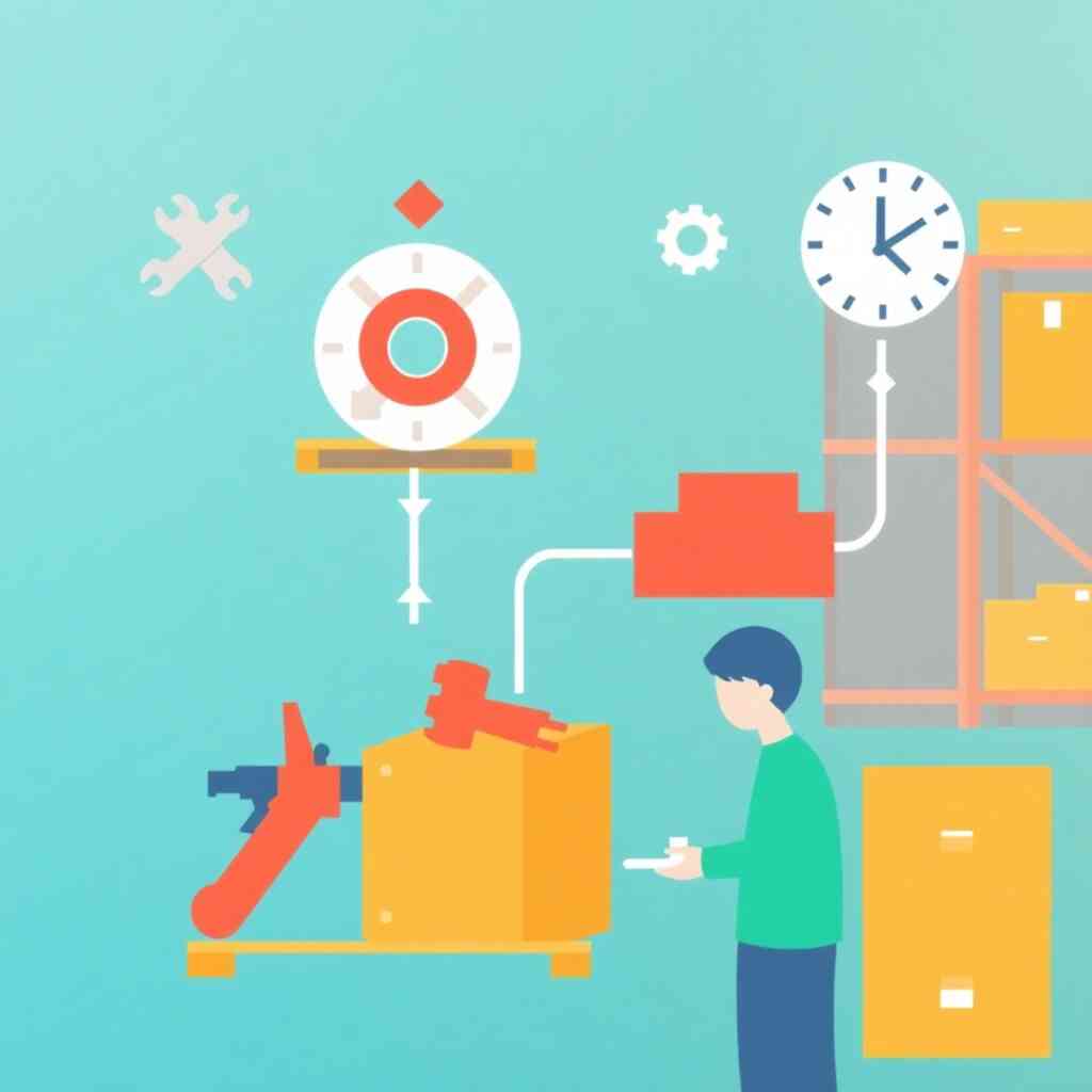 A stylized animation showing a smooth, efficient flow of spare parts from inventory to repair jobs. Use vibrant colors and smooth transitions to convey the seamlessness of the inventory management system.