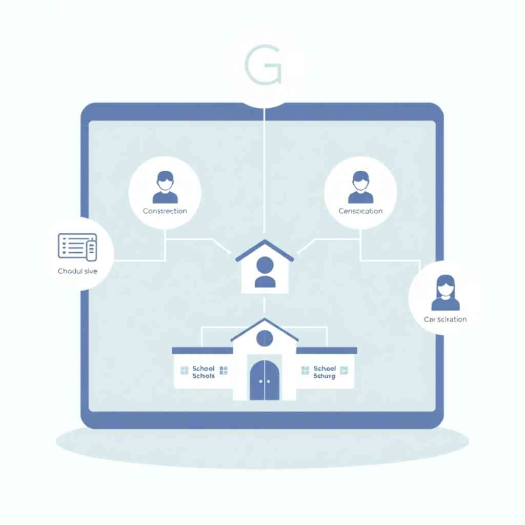 A stylized illustration showcasing a clear and well-organized representation of a school’s structure within the G-Entrance module.  Use clean visuals to communicate the effective organization of schools and participants within the platform, emphasizing the ease of management.