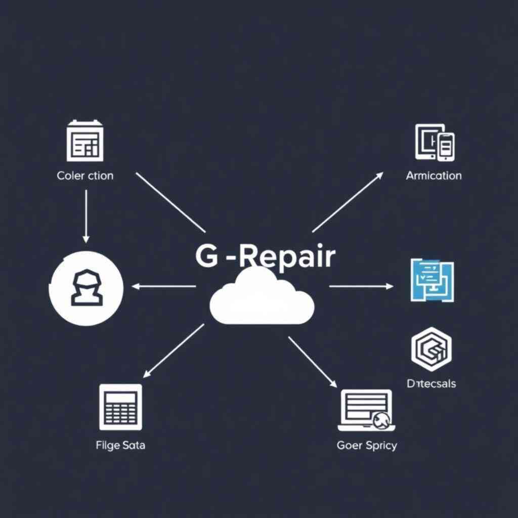 A stylized illustration showing how G-Repair integrates with various other systems, creating a seamless data flow and eliminating data silos.