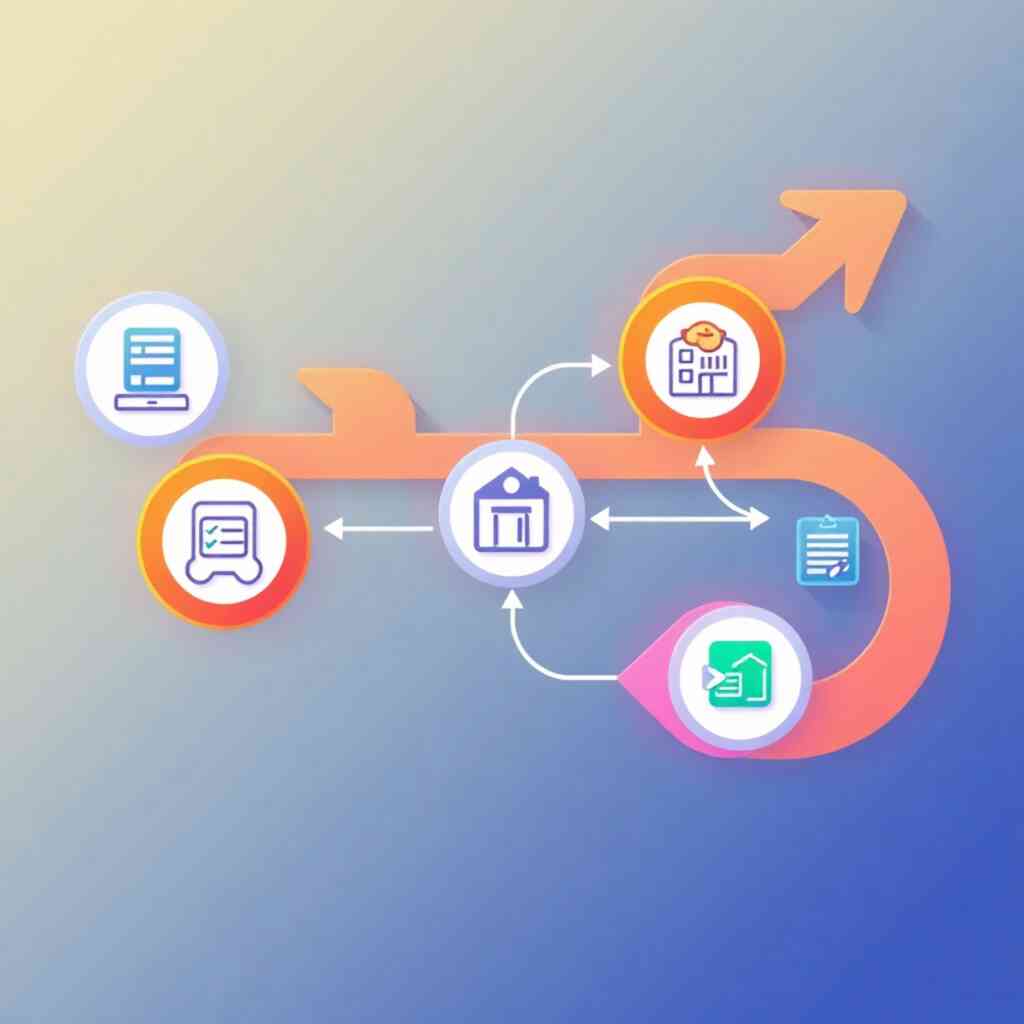 A stylized illustration showing automated processes flowing through a school system.  Arrows and connecting lines depict the workflow, with icons representing different processes (enrollment, scheduling, grading, etc.). The style should be clean and modern, with a minimalist design.  Use a vibrant color palette to make the processes appear easy and efficient.  The resolution should be 4K.  The lighting should be bright and focused on the arrows and icons to show efficiency.