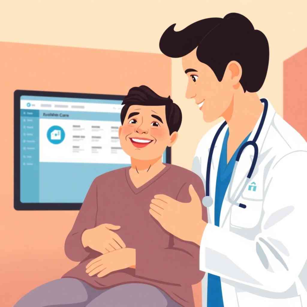 A stylized image depicting a happy patient receiving excellent care from a friendly doctor. The G-Hospital module is subtly in the background on a screen, highlighting the positive impact of the system. The color palette should be warm and inviting, conveying a sense of trust and reliability. The camera angle should be slightly above the scene, creating a feeling of warmth and optimism.
