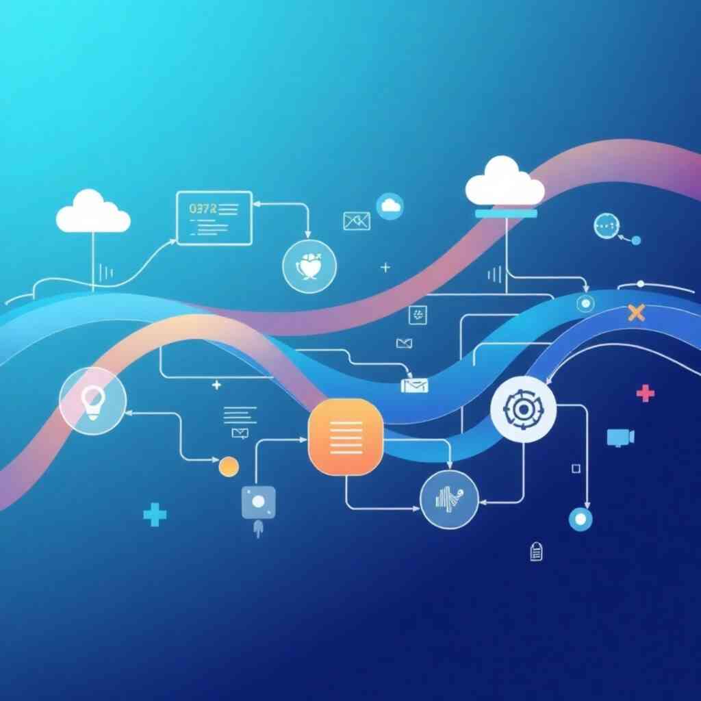 A stylized image depicting automated processes represented by flowing data streams and streamlined workflows in a clean and aesthetically pleasing visualization. The color palette should be modern and engaging