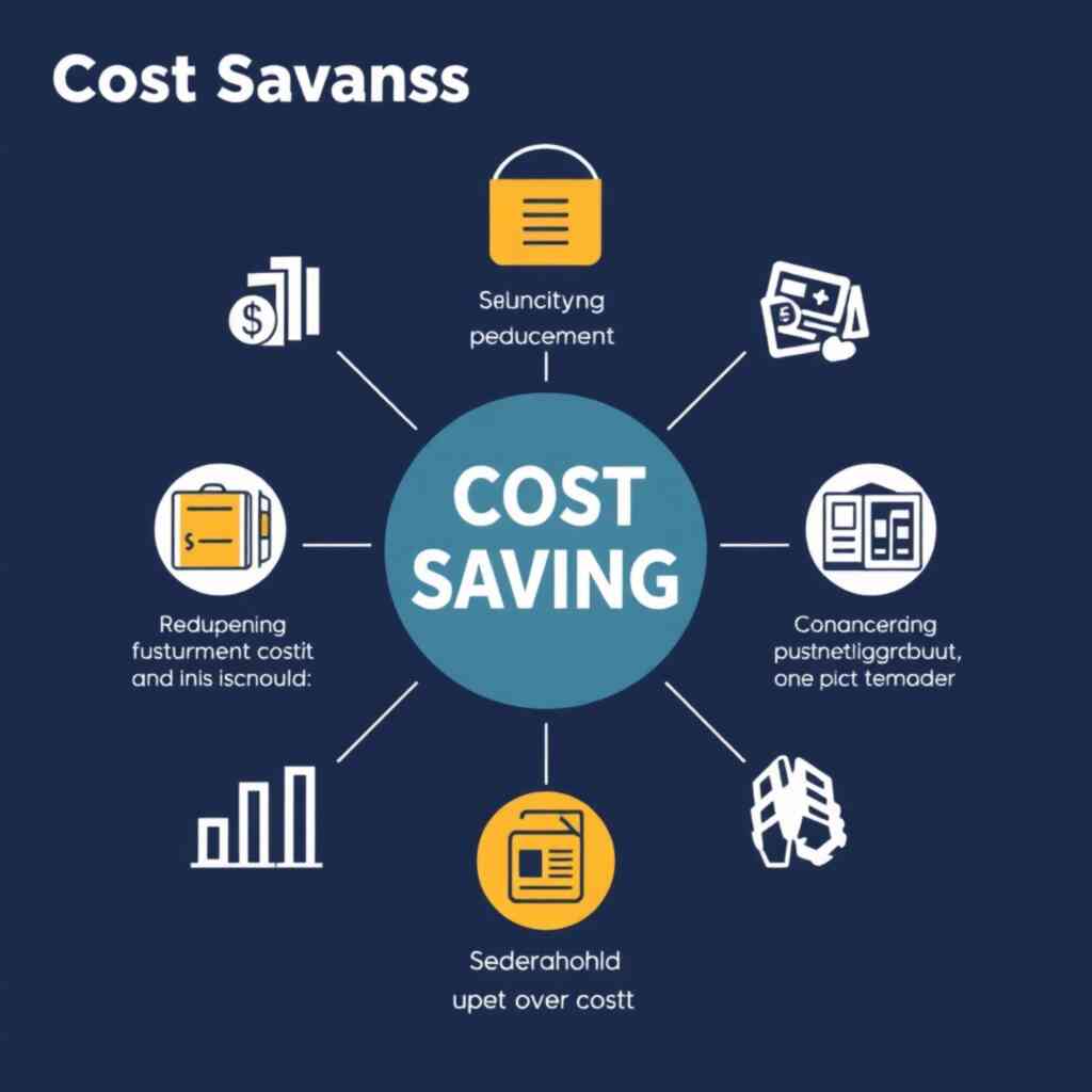 A stylized image depicting cost savings visualized through a combination of graphics and text. The visuals should focus on efficiency and reduction of overhead.