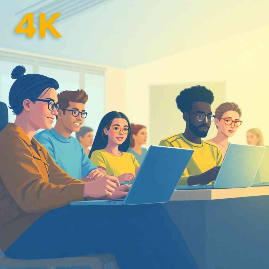A stylized image, in 4K resolution, depicting a diverse group of students attentively watching a G-Company software training video on their laptops.  The background should be a virtual classroom with soft, diffused lighting to create a calm and studious atmosphere. The color palette should be warm and inviting, primarily consisting of soft blues, greens, and yellows. The camera angle should be slightly high, providing an overview of the entire scene. The texture should be slightly painterly, giving the image a friendly and approachable feel.  The style should be clean and minimalist, and inspirational. Include icons symbolizing online learning, teamwork, and career advancement. Reference images should include illustrations of diverse students studying online with technology. The entire mood should be positive and inspiring.