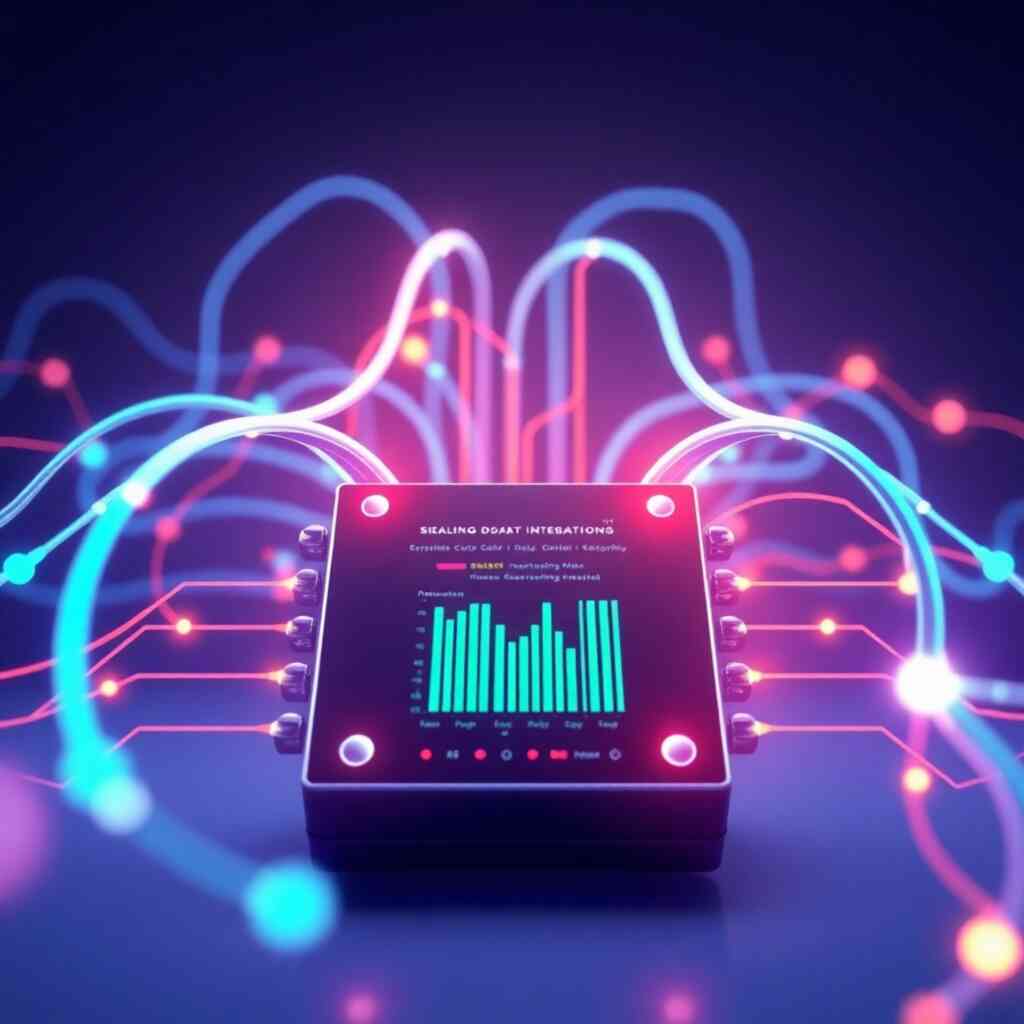 A stylized image showing various data streams converging into the G-Crewing module interface, symbolizing seamless data integration. Use a modern, tech-inspired style with a focus on clean lines and vibrant colors.  Use a high-resolution (4K) render to achieve a sharp and detailed visual. The lighting should be clean and bright, accentuating the connections between the data streams and the module's interface.