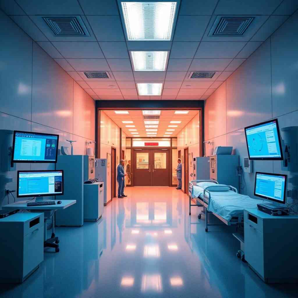 An image showing a hospital expanding, with the G-Hospital module seamlessly integrating into the new expansion, with smooth data transfer and minimal disruption.  The image should be photorealistic, with the G-Hospital module interface subtly visible on various screens. The color palette should be professional, conveying a feeling of stability and reliability.