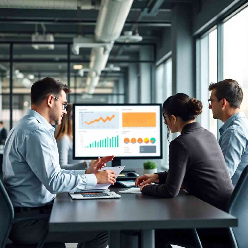 An image showing a team of professionals using the G-Asset module for asset management.  Show them collaborating and making decisions based on the data.  Create a professional and collaborative office space environment.