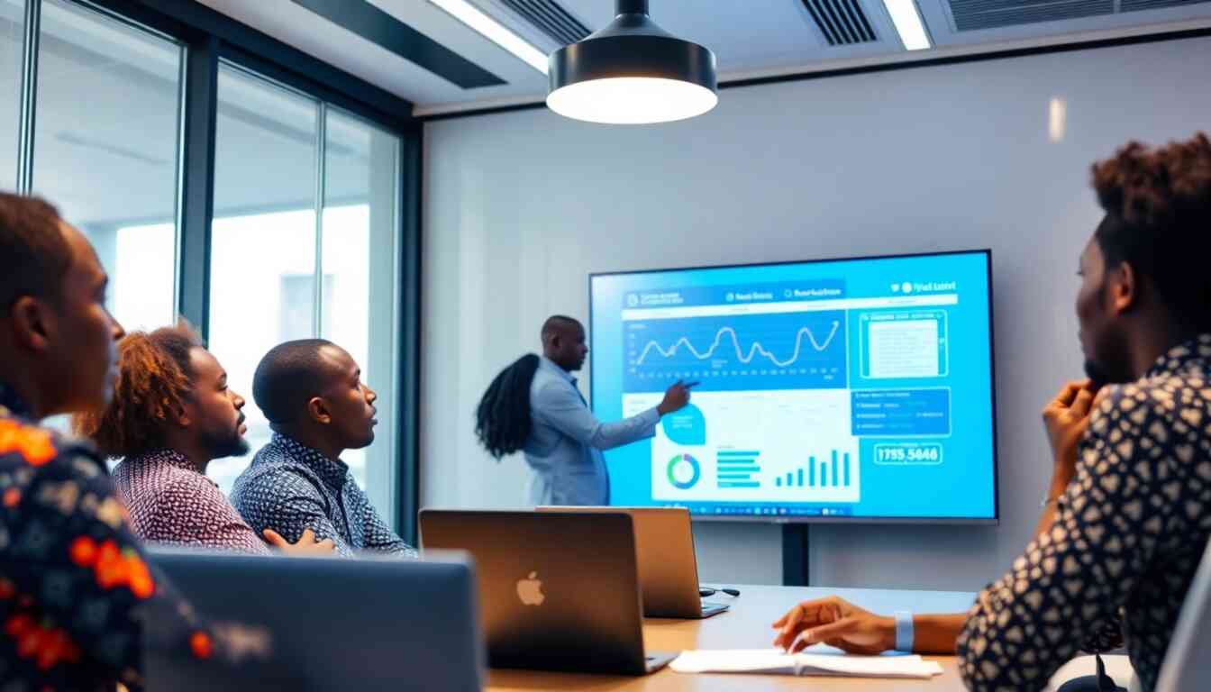 Photorealistic image of a team using G-Company's software to make data-driven decisions. The team should be diverse and collaborative, using the software's various features and interactive visualizations.  The color scheme should be modern and minimalist, emphasizing professionalism. The lighting should be clear and bright, creating a productive atmosphere. The camera angle provides a clear view of the team's interaction with the software.