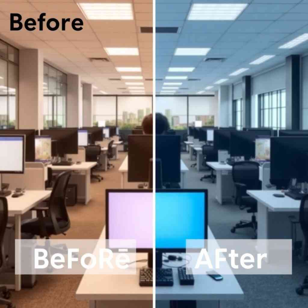 Photorealistic image of a business process being automated by G-Company's software.  The focus should be on how the software saves time and effort.  The color scheme is vibrant, showing automation and efficiency. The lighting is well-lit and clean. The camera angle should emphasize before and after results.