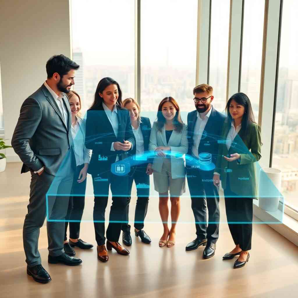 Create a 4K resolution photorealistic image of a diverse team of professionals collaborating around a large holographic display showcasing innovative technology solutions.  The scene should be set in a bright, modern office space with large windows overlooking a cityscape.  The lighting should be natural and well-lit, creating a warm and inviting atmosphere.  The color palette should be a mix of warm and cool tones, and the team should express collaboration and engagement.  The camera angle should be slightly above eye-level, focusing on the team's interactions. The image should emphasize the collaborative aspects of teamwork and technology. The style should be clean, modern, and professional, inspired by contemporary corporate photography, to create a positive and trustworthy impression of our company.