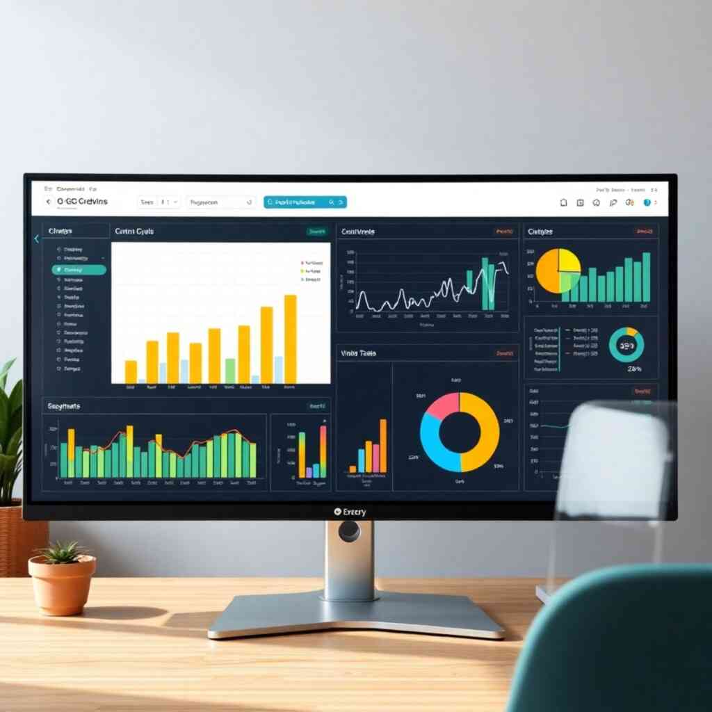 Create a photorealistic image of a large monitor displaying compelling charts and graphs generated from the G-Crewing module's reporting feature. Focus on clarity and ease of data interpretation. The color palette should be clean and professional, with a focus on readability. The resolution should be high (4K) to showcase the detailed information presented in the charts and graphs. The camera angle should be straight on, showcasing the data clearly.