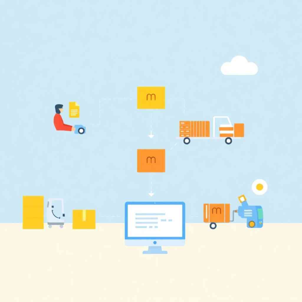 Stylized animation depicting automated workflows for shipping tasks. Use bright colors and smooth animations to convey a sense of efficiency and ease of use. The overall style should be dynamic and visually appealing.