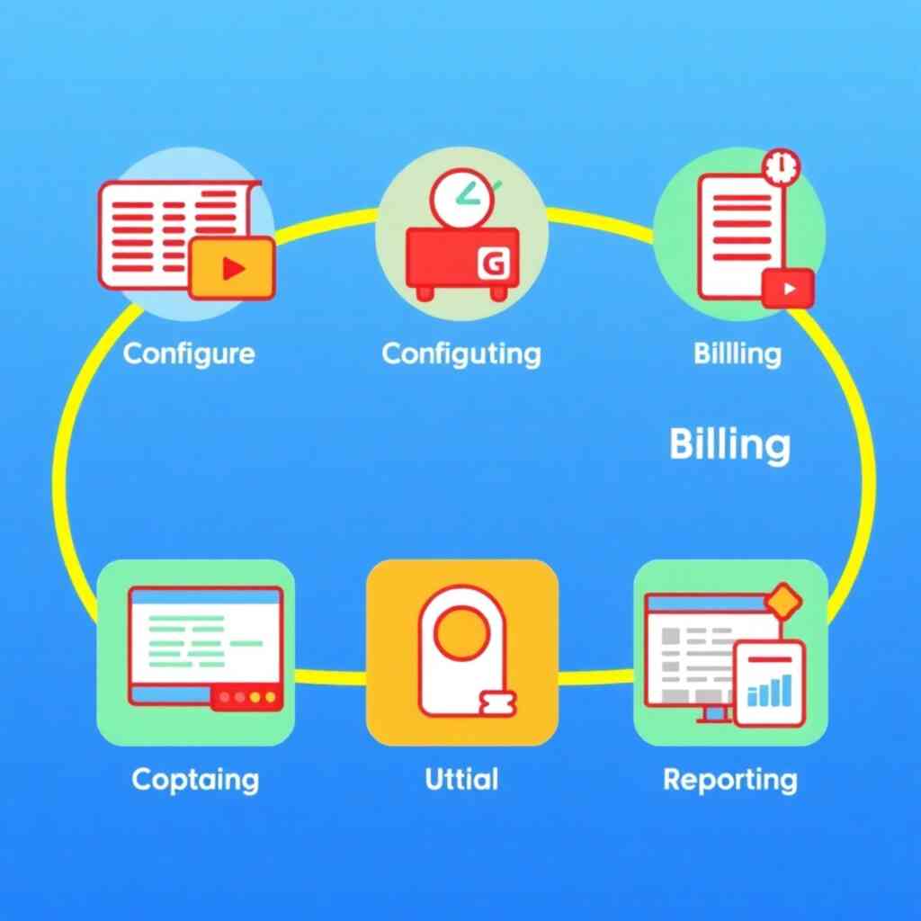 Stylized illustration depicting icons or graphics representing each key feature (configuration, shipping, billing, reporting). Use bright, distinct colors and a visually appealing style to emphasize the comprehensive functionality of G-Shipment.